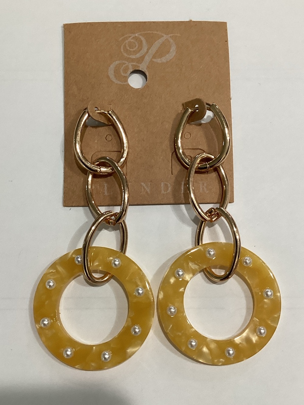 Plunder Gold-Tone Chain Earrings with Yellow Pearl-Stud Resin Hoops